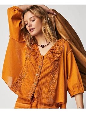 Free People Burnt Orange Crochet Button-Front Blouse